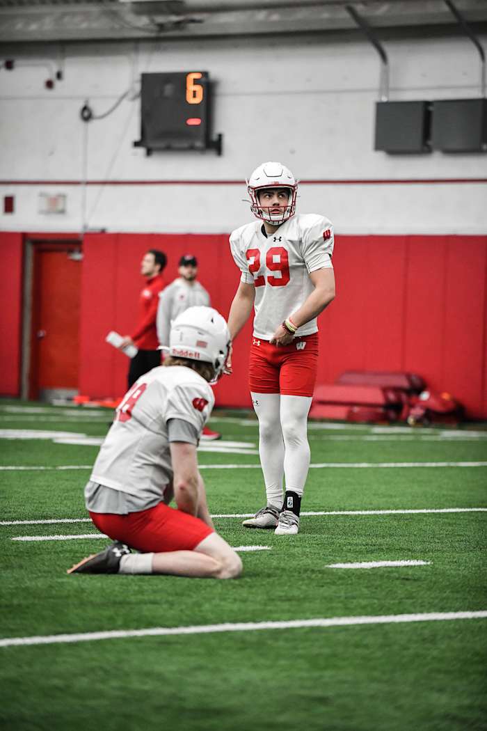 Wisconsin kicker Nate Van Zelst attempting a field goal during spring practice (Credit: UW Athletics)